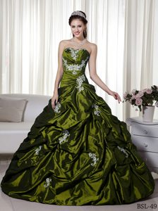 A-line Strapless Olive Green Taffeta Appliques Quinceanera Gown with Pick-ups