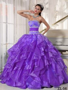 Strapless Beading and Appliques Organza Ruffled Sweet 15 Dresses in Purple