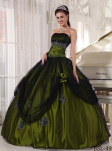 Olive Green Strapless Ball Gown Appliques Dress for Quince by Tulle and Taffeta