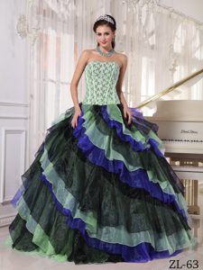Multi-color Lace Strapless Organza Quinces Dresses with Asymmetrical Ruffles