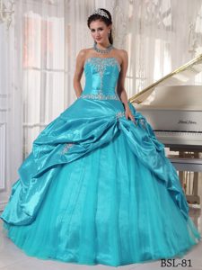 Strapless Turquoise Taffeta and Tulle Quince Dresses with Beading and Appliques