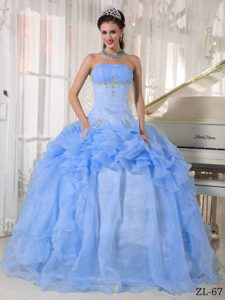 Strapless Baby Blue Organza Beading Quinceanera Gown Dress with Pick-ups
