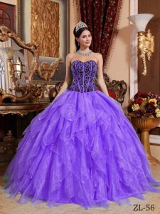 Purple Ball Gown Sweetheart Organza Beading Sweet 16 Dresses with Ruffles