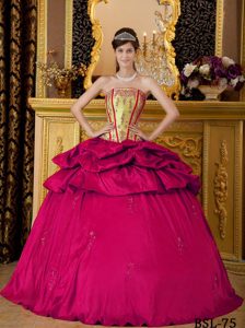 Rose Pink and Gold Strapless Appliques Taffeta Pick-ups Quinceanera Dress