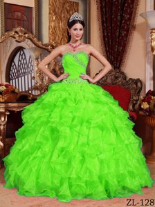 Beading Sweetheart Organza Quinceanera Gown in Lime Green with Ruffles