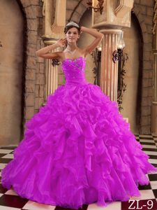 Fuchsia Beading Sweetheart Organza Quinceanera Dresses with Ruffles for 2015