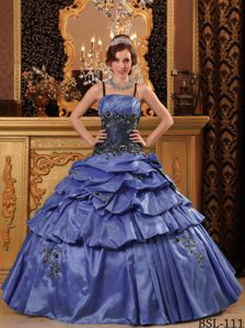 formal Dark Blue Ball Gown Straps Appliques and Pick-ups Quinces Dresses