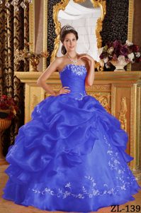 Blue Strapless Organza and Taffeta Pick-ups Dress for Quince with Appliques