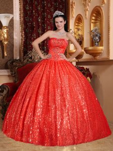Glimmering Sequin and Beading Strapless Quinceanera Dress in Orange Red