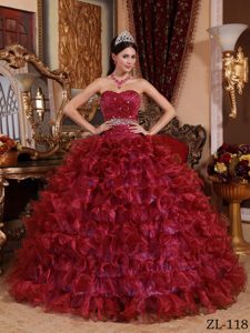 Wine Red Ball Gown Sweetheart Organza Beading Quinces Dresses with Ruffle