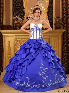 Sweetheart Appliques Ruffled Layer Sweet 16 Dresses in Royal Blue and White