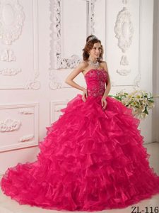 Best Hot Pink Strapless Organza Ruffled Quinceanera Dress with Sweep Train