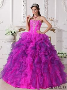 Strapless Beading Embroidery Sweet Sixteen Dresses in Fuchsia and Purple