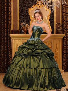Remarkable Strapless Appliques Taffeta Pick-ups Sweet 15 Dresses in Olive Green