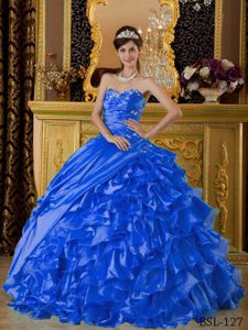 Blue Sweetheart Quinceanera Gown with Appliques in Taffeta and Organza