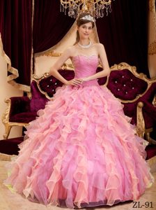 Custom Made Rose Pink Sweetheart Organza Quinces Dress with Beading