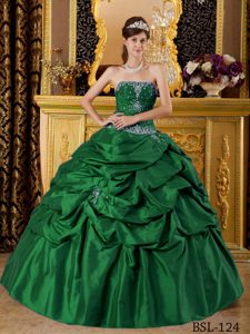 Green Strapless Taffeta Quinceanera Dresses with Appliques on Promotion
