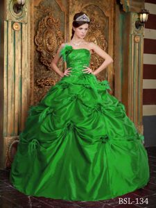 Green Strapless Taffeta Beaded Dress for Quince with Hand Made Flowers