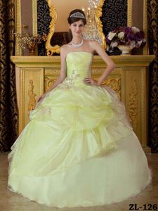 Light Yellow Strapless Quinceanera Dress Beading and Ruche in Organza