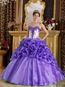 Purple Sweetheart Organza Quinceanera Gown Dress with Handle Flowers