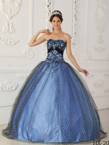Black and Blue Taffeta and Tulle Quince Dress with Beading and Appliques