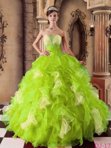 Yellow Green Strapless Organza Beaded and Ruffled Dress for Quinceanera