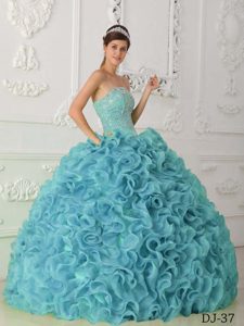 Lovely Blue Strapless Organza Dresses for Quince with Beading and Ruffles