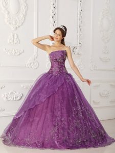 Purple Strapless Satin and Organza Embroidery Beaded Sweet 16 Dresses