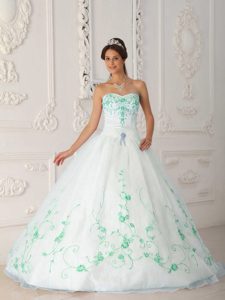 White Strapless Satin and Organza Embroidery Beaded Quinceanera Gowns