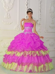Hot Pink Strapless Quinces Dresses with Beading and Ruffles in Organza