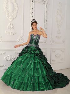 Fitted Dark Green Taffeta and Organza Quinceanera Dresses with Appliques