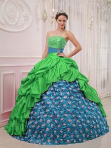Green and Blue Strapless Taffeta Quinceanera Dress with Beading and Ruche