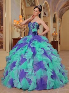 Colorful Sweetheart Organza Beaded Quinceanera Gown Dresses with Ruffles