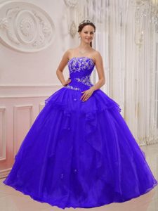 Purple Strapless Taffeta and Organza Dress for Quinceanera with Appliques