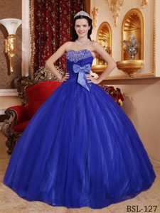 Blue Tulle and Taffeta Quinceanera Gown Dresses with Beading and Bow