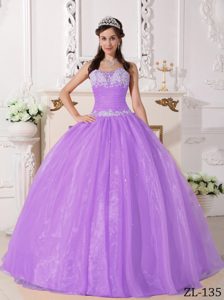 Purple Strapless Quinceanera Gown with Appliques in Taffeta and Organza