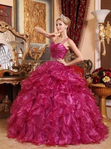 Inexpensive Red One Shoulder Organza Quinceanera Dresses with Beading