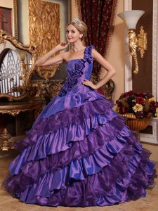 One Shoulder Taffeta and Organza Quinceanera Dress with Handle Flowers
