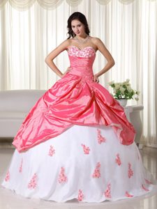 Watermelon and White Sweetheart Appliqued Quinceaneras Dress in Taffeta