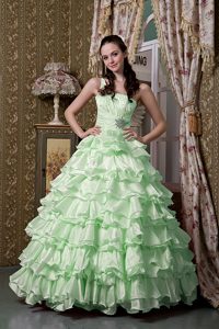 Beaded Apple Green Quince Dress in Elastic Woven Satin and Ruffled Layers