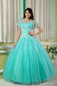 Turquoise Ball Gown Sweetheart Tulle Quinceanera Dresses with Appliques