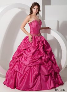 New Hot Pink Strapless Taffeta Quinceanera Dress with Pick-ups and Beading