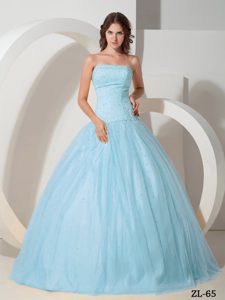 Fashionable Beaded Light Blue Tulle Long Quinceanera Gowns for Fall