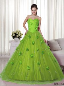 Popular Brush Train Tulle and Taffeta Quinceanera Gown with Flowers