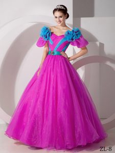 A-line V-neck Floor-length Organza Dress for Quinceanera with Flowers