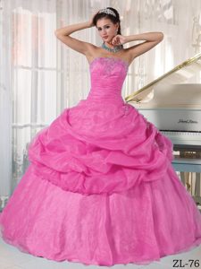 Strapless Appliqued Organza 2013 Beautiful Long Quince Dress in Pink