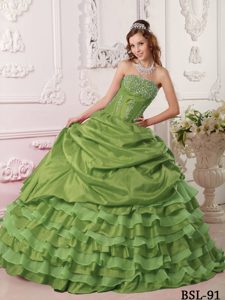 Discount Olive Green Taffeta Long Sweet 16 Dresses with Lace-up Back