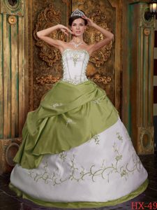 Olive Green and White Embroidered Satin Quinceanera Gown Dresses
