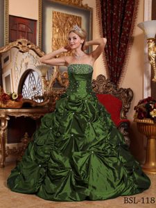Olive Green A-line Beaded Taffeta Magnificent Quince Dresses for Fall