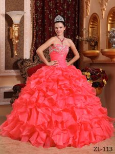 Coral Red Appliqued Organza Romantic Quinceanera Dresses with Beading